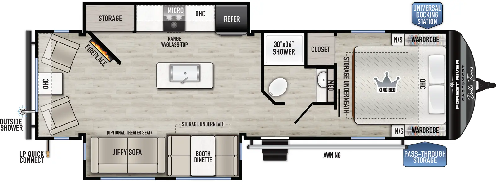 The Della Terra 272RL floorplan has one entry and two slide outs. Exterior features include: metal exterior. Interiors features include: kitchen island, front bedroom and rear living.